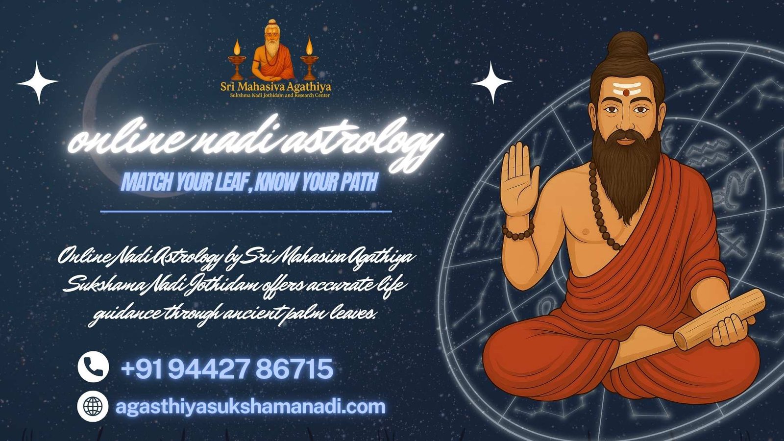 Online Nadi Astrology by Sri Mahasiva Agathiya Sukshama Nadi Jothidam showing sage Agathiyar guiding life path through palm leaves