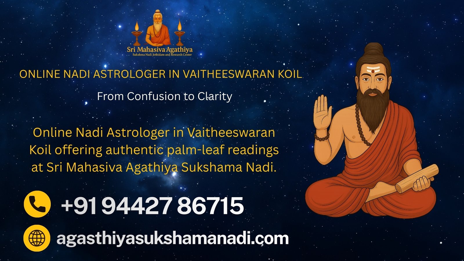 Online Nadi astrologer in Vaitheeswaran Koil offering authentic palm leaf readings at Sri Mahasiva Agathiya Sukshama Nadi Jothidam